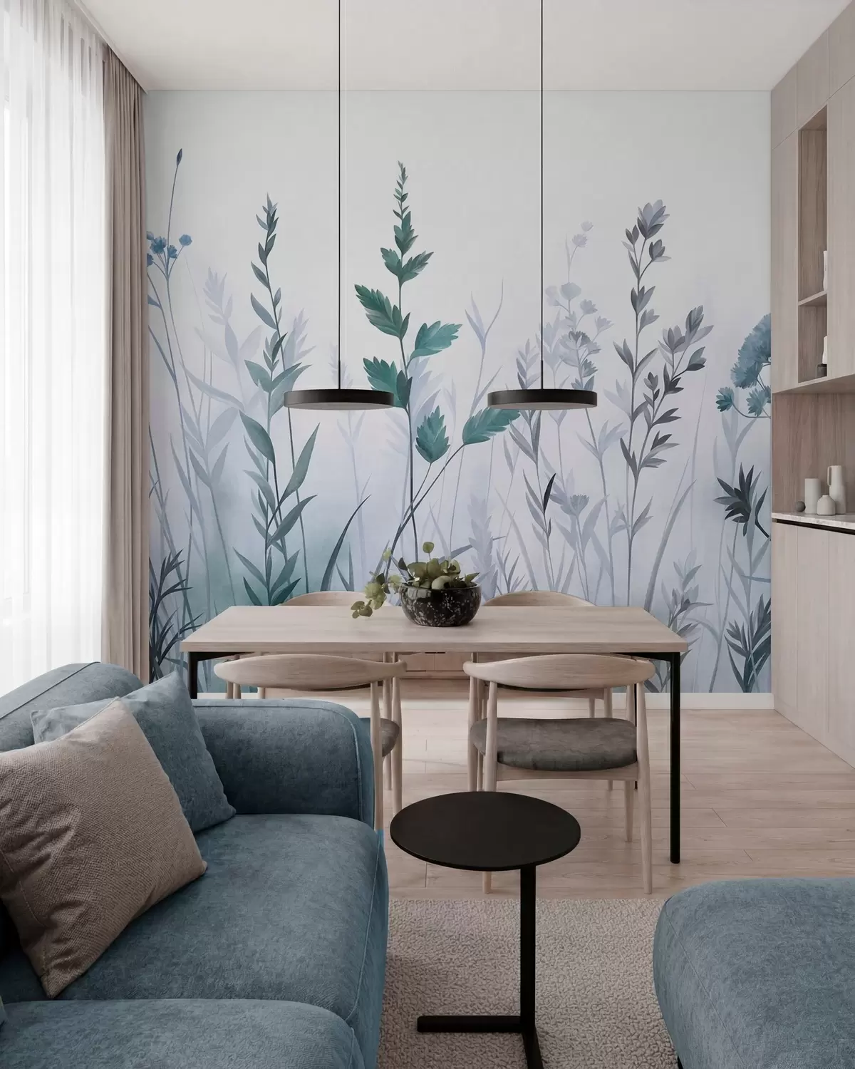 murais de parede Gramíneas altas e flores silvestres em tons suaves de azul, estética minimalista w10084v2