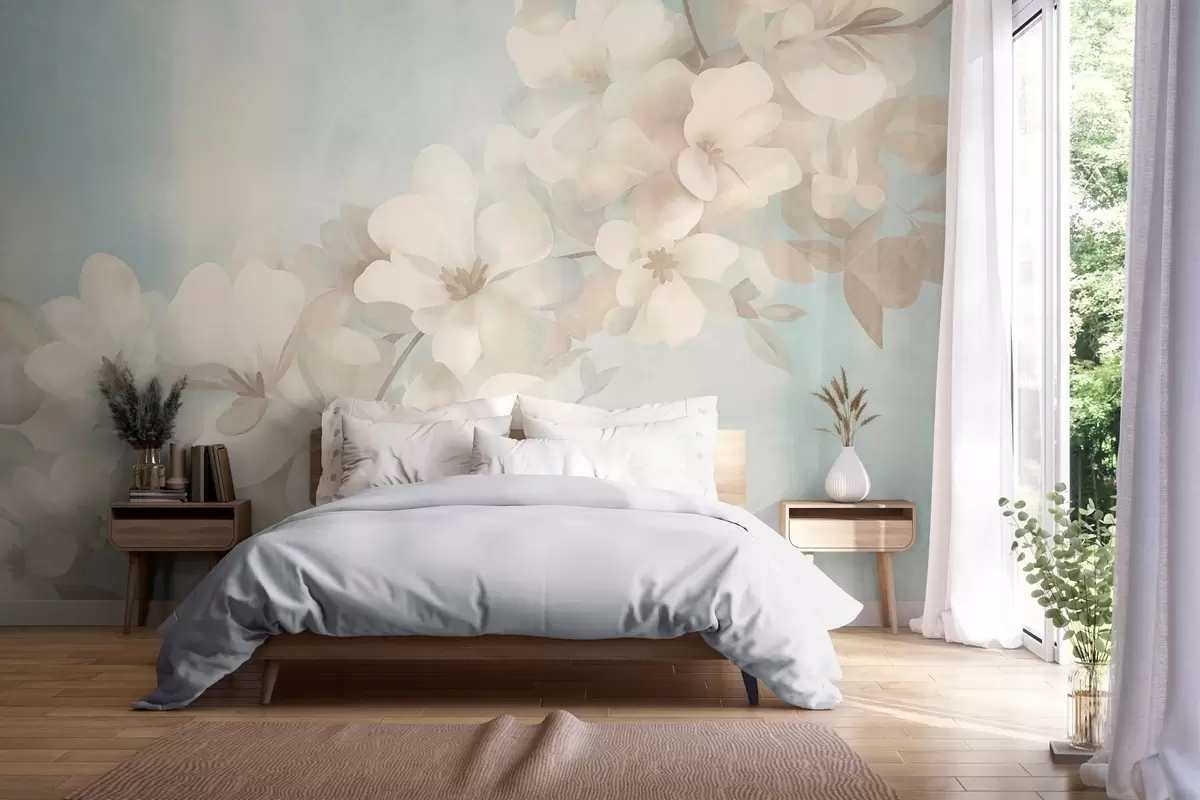 murais de parede Flores brancas em um galho, cores pastéis suaves, fundo azul claro com textura w10107