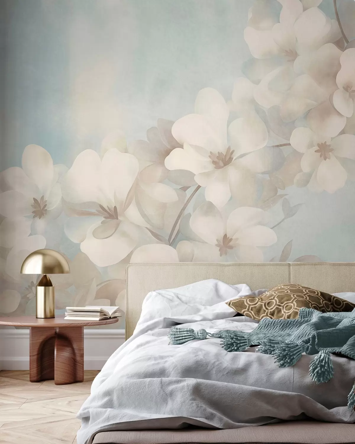 murais de parede Flores brancas em um galho, cores pastéis suaves, fundo azul claro com textura w10107