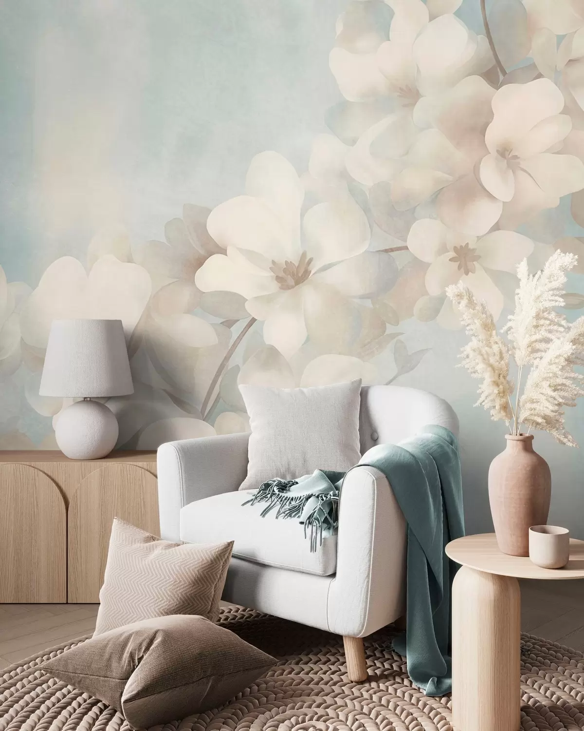 murais de parede Flores brancas em um galho, cores pastéis suaves, fundo azul claro com textura w10107