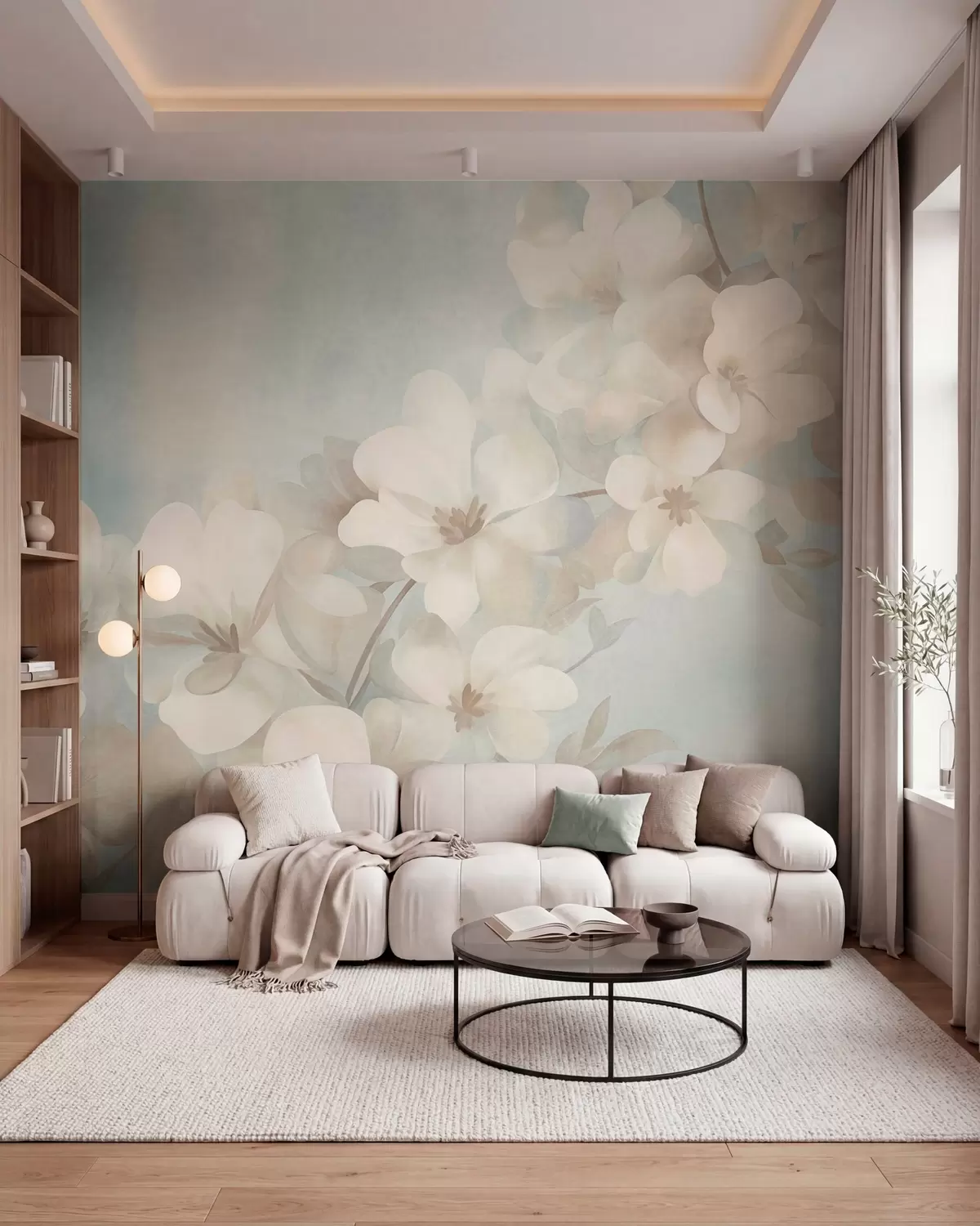 murais de parede Flores brancas em um galho, cores pastéis suaves, fundo azul claro com textura w10107