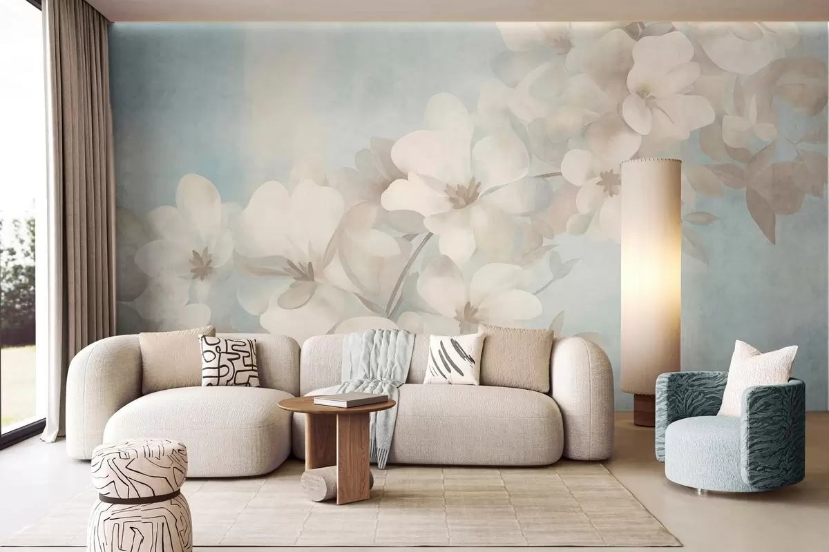 murais de parede Flores brancas em um galho, cores pastéis suaves, fundo azul claro com textura w10107