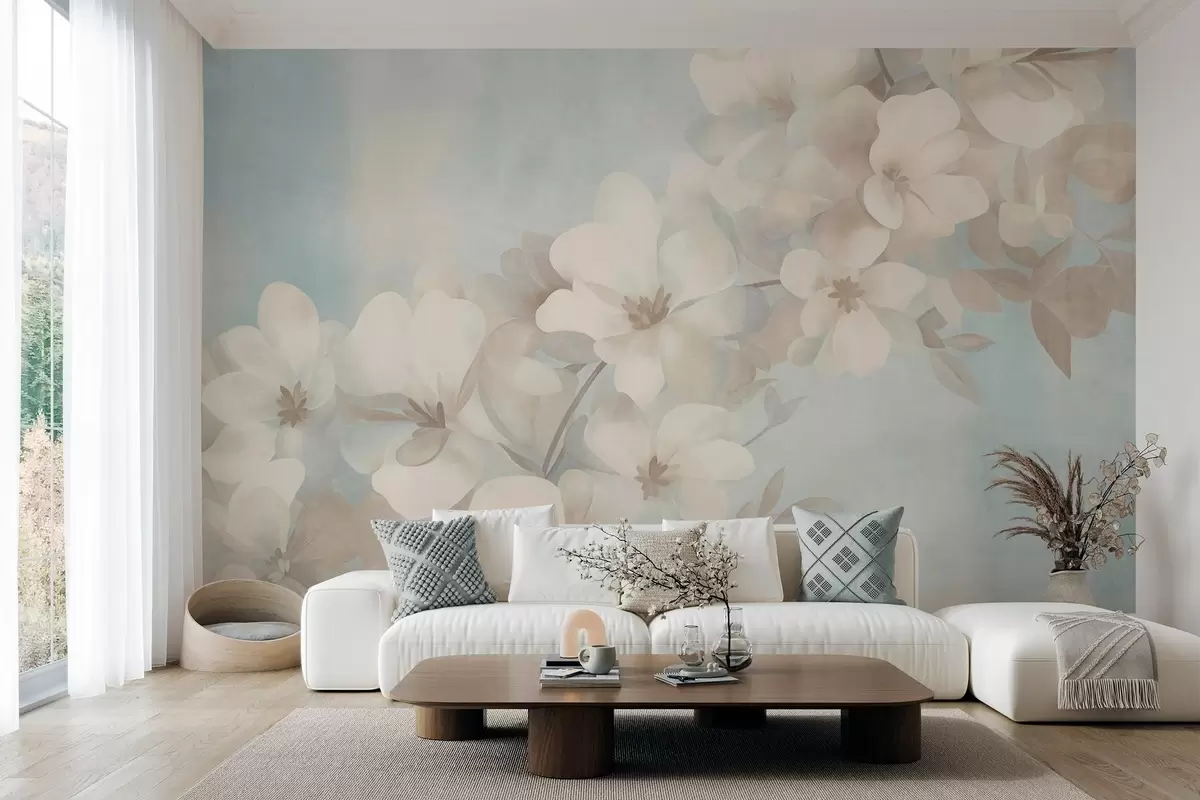 murais de parede Flores brancas em um galho, cores pastéis suaves, fundo azul claro com textura w10107