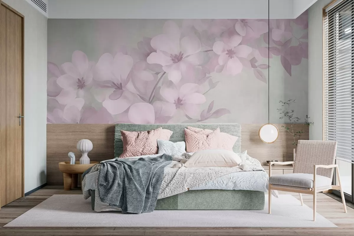 murais de parede Flores brancas em um galho, cores pastéis suaves, fundo texturizado em verde claro w10107v1