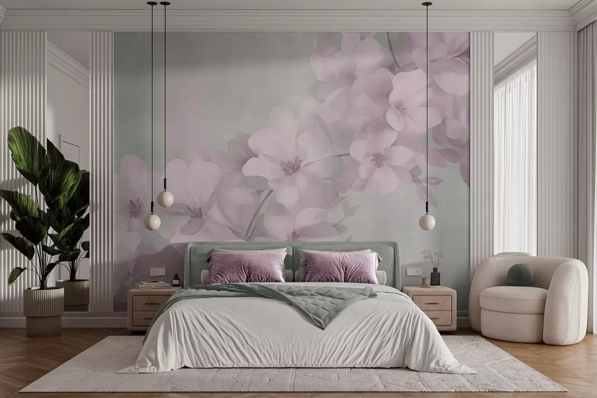 murais de parede Flores brancas em um galho, cores pastéis suaves, fundo texturizado em verde claro w10107v1