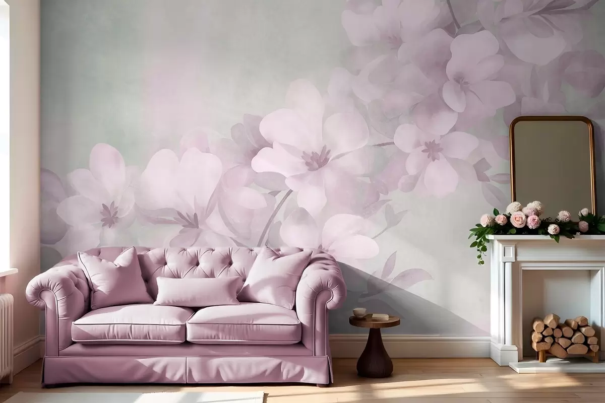 murais de parede Flores brancas em um galho, cores pastéis suaves, fundo texturizado em verde claro w10107v1