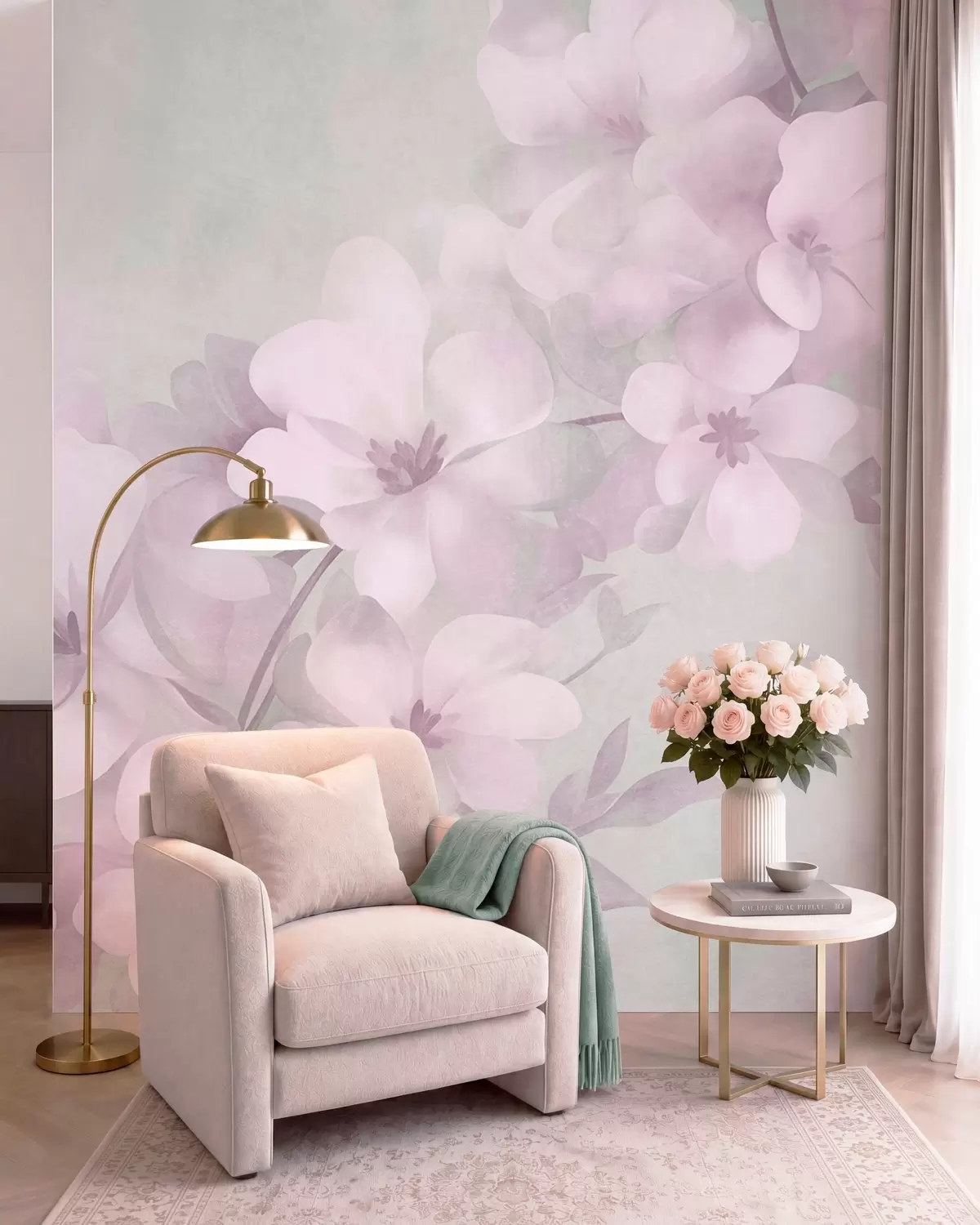 murais de parede Flores brancas em um galho, cores pastéis suaves, fundo texturizado em verde claro w10107v1