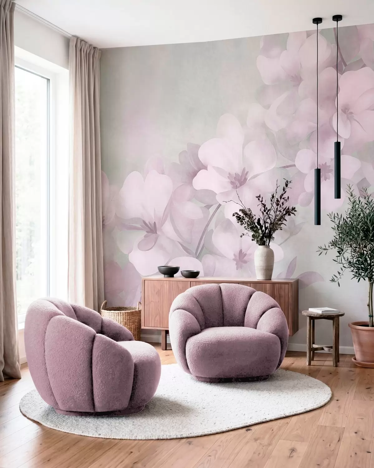 murais de parede Flores brancas em um galho, cores pastéis suaves, fundo texturizado em verde claro w10107v1