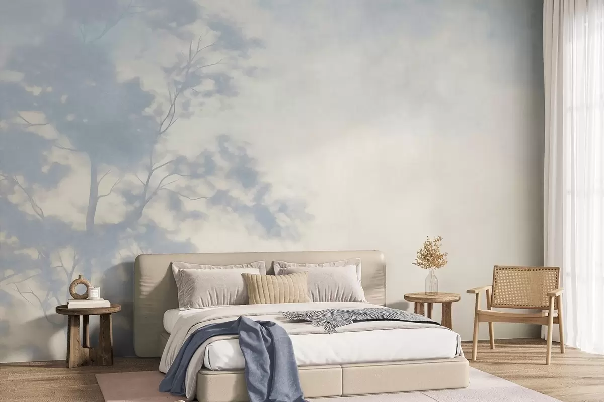 murais de parede Árvore texturizada com galhos, fundo creme claro e azul claro, arte minimalista w10108
