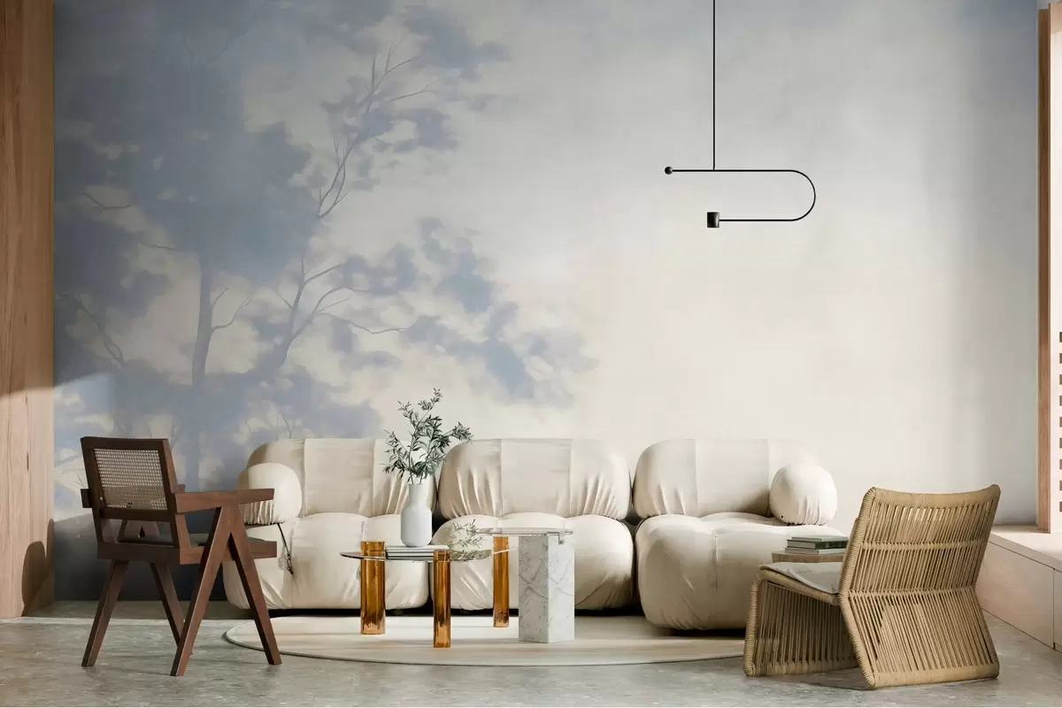 murais de parede Árvore texturizada com galhos, fundo creme claro e azul claro, arte minimalista w10108