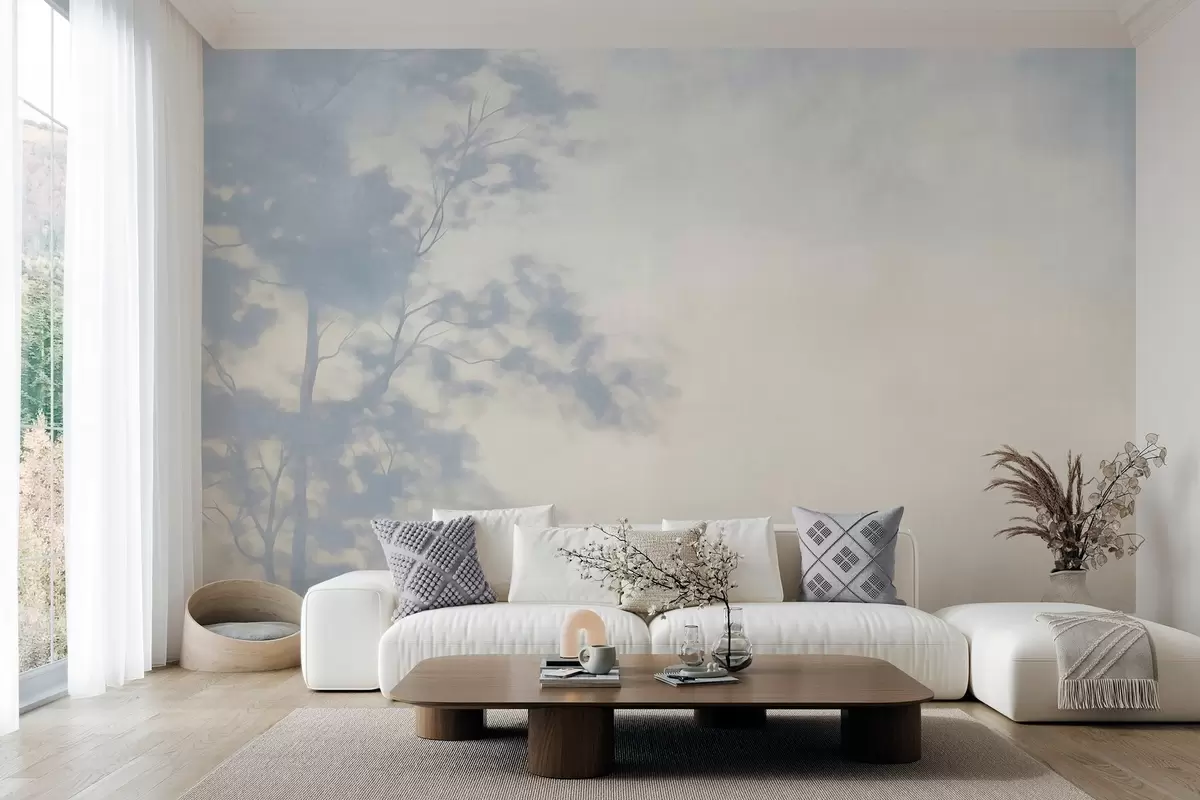 murais de parede Árvore texturizada com galhos, fundo creme claro e azul claro, arte minimalista w10108