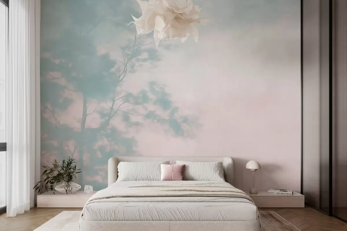 murais de parede Árvore texturizada com galhos, fundo em rosa claro e turquesa, arte minimalista w10108v1