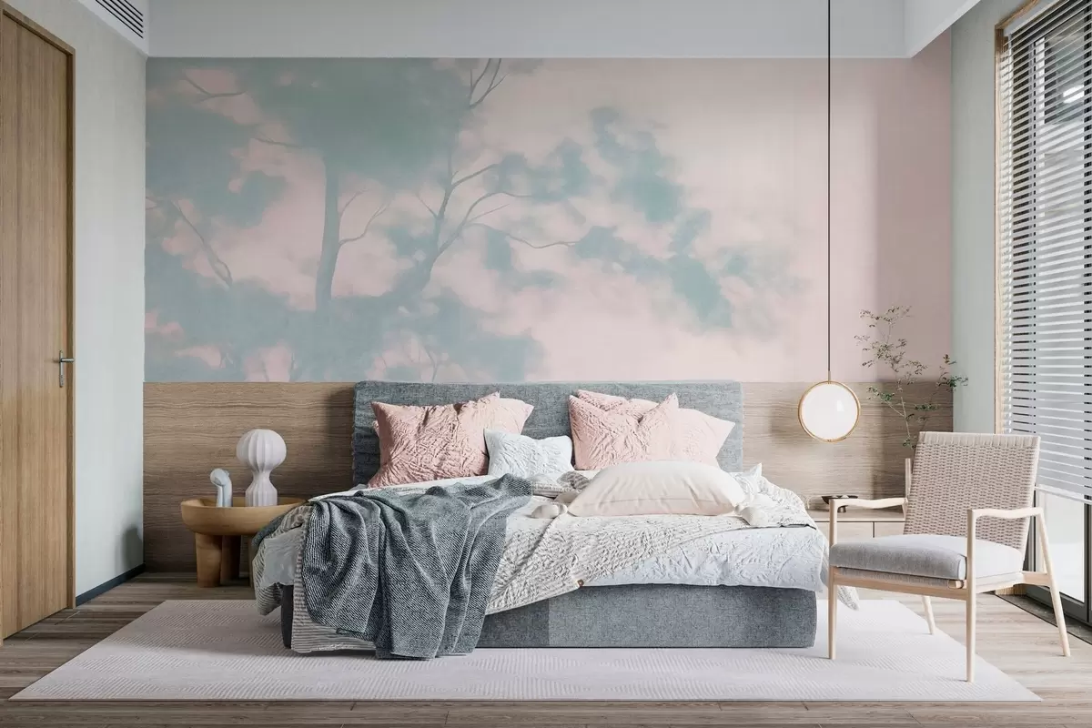 murais de parede Árvore texturizada com galhos, fundo em rosa claro e turquesa, arte minimalista w10108v1