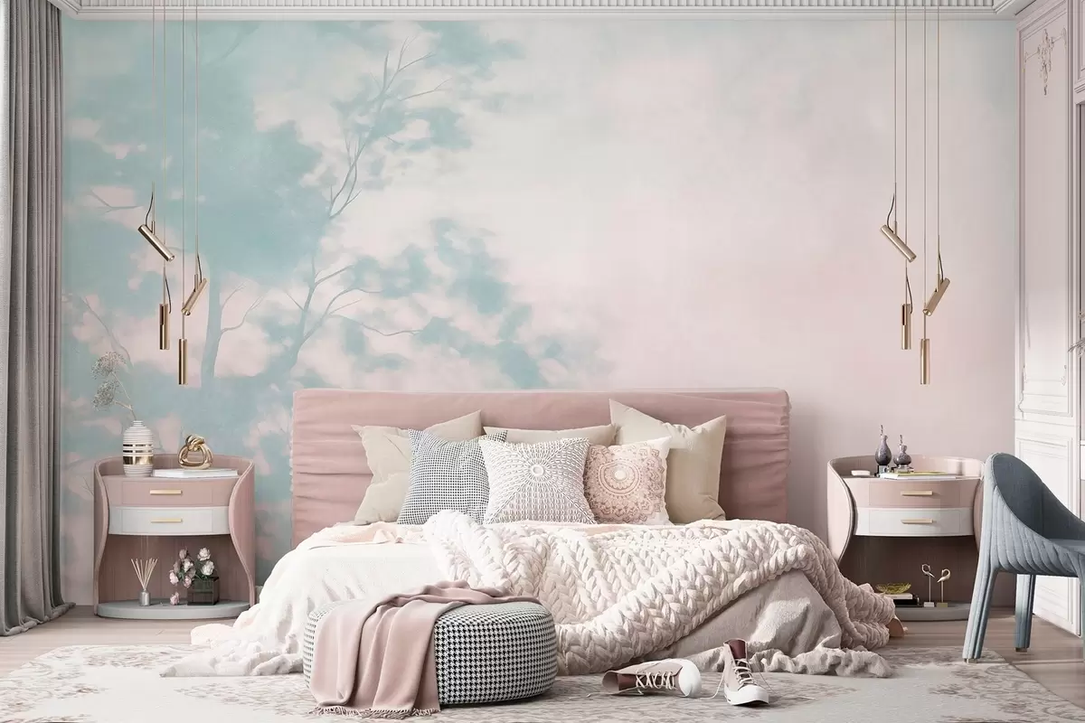 murais de parede Árvore texturizada com galhos, fundo em rosa claro e turquesa, arte minimalista w10108v1