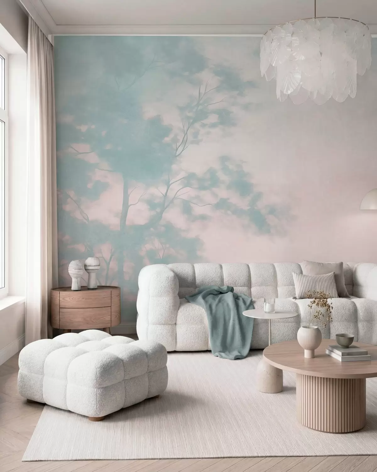 murais de parede Árvore texturizada com galhos, fundo em rosa claro e turquesa, arte minimalista w10108v1