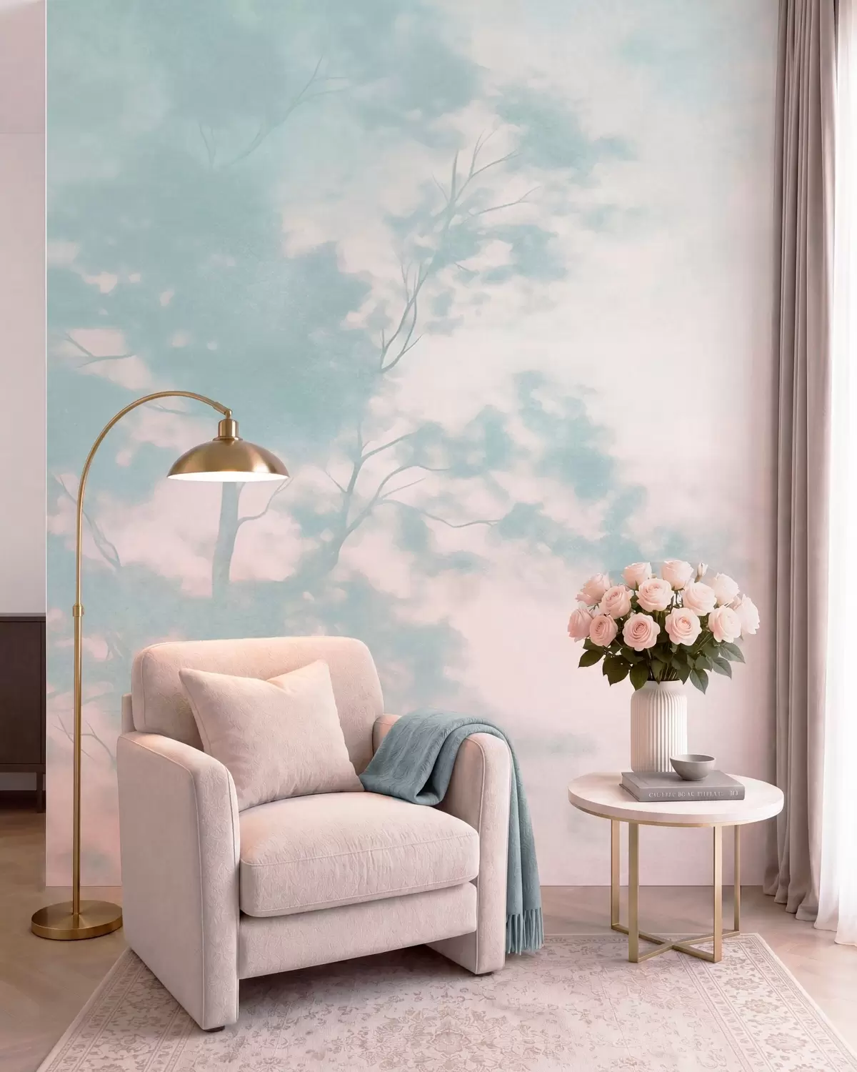 murais de parede Árvore texturizada com galhos, fundo em rosa claro e turquesa, arte minimalista w10108v1