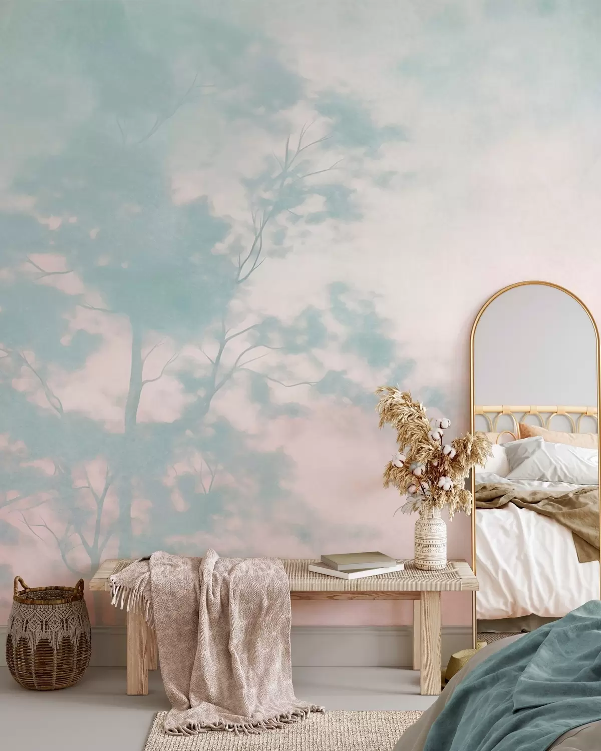 murais de parede Árvore texturizada com galhos, fundo em rosa claro e turquesa, arte minimalista w10108v1
