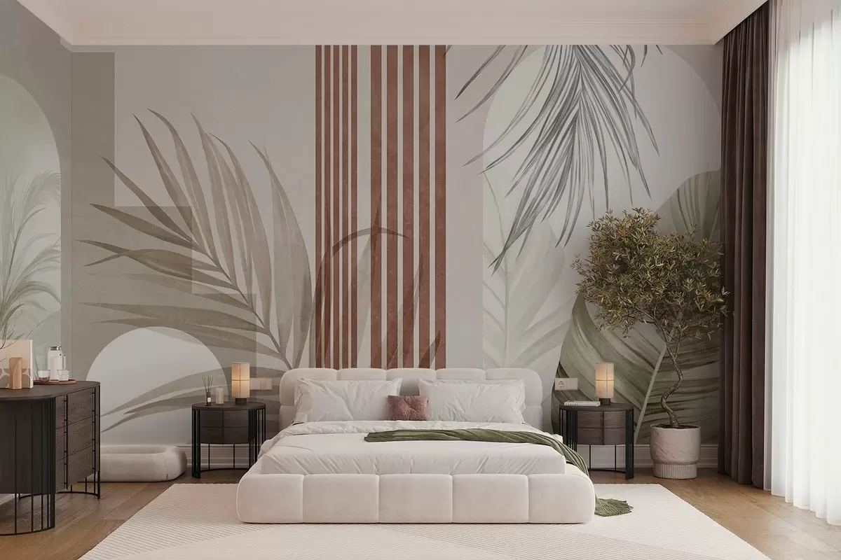 murais de parede Composição abstrata com folhas de palmeira, arcos geométricos e listras verticais w10110