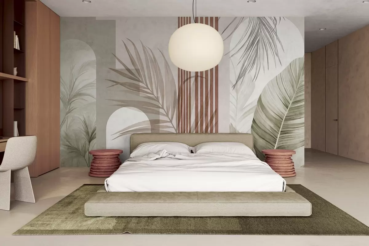 murais de parede Composição abstrata com folhas de palmeira, arcos geométricos e listras verticais w10110