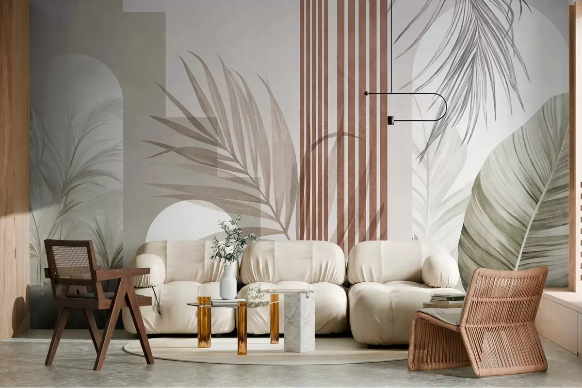 murais de parede Composição abstrata com folhas de palmeira, arcos geométricos e listras verticais w10110