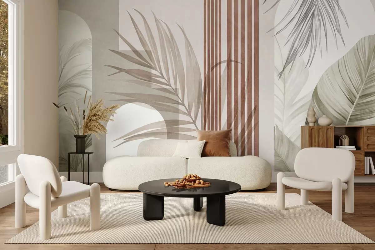 murais de parede Composição abstrata com folhas de palmeira, arcos geométricos e listras verticais w10110