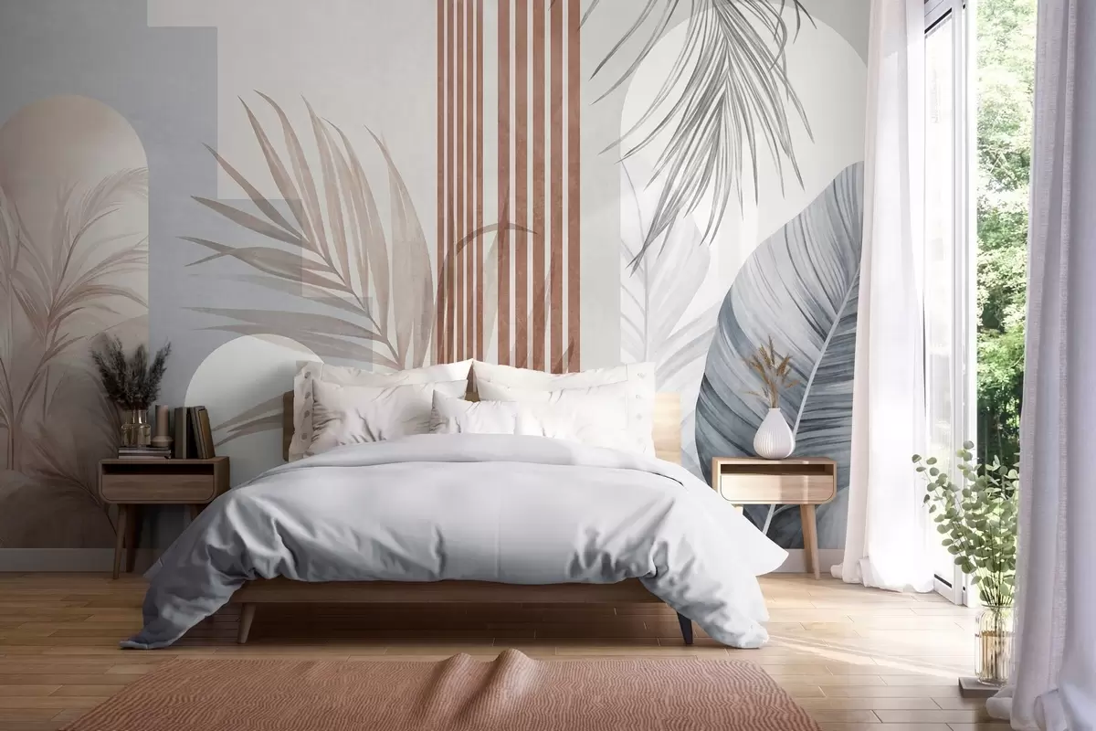 murais de parede Composição abstrata com folhas de palmeira, arcos geométricos e listras verticais w10110v1
