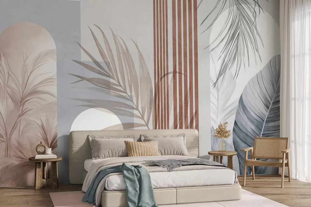 murais de parede Composição abstrata com folhas de palmeira, arcos geométricos e listras verticais w10110v1
