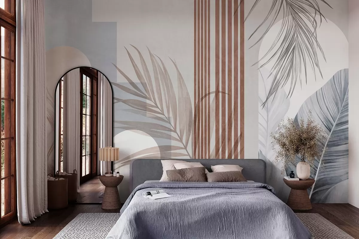 murais de parede Composição abstrata com folhas de palmeira, arcos geométricos e listras verticais w10110v1