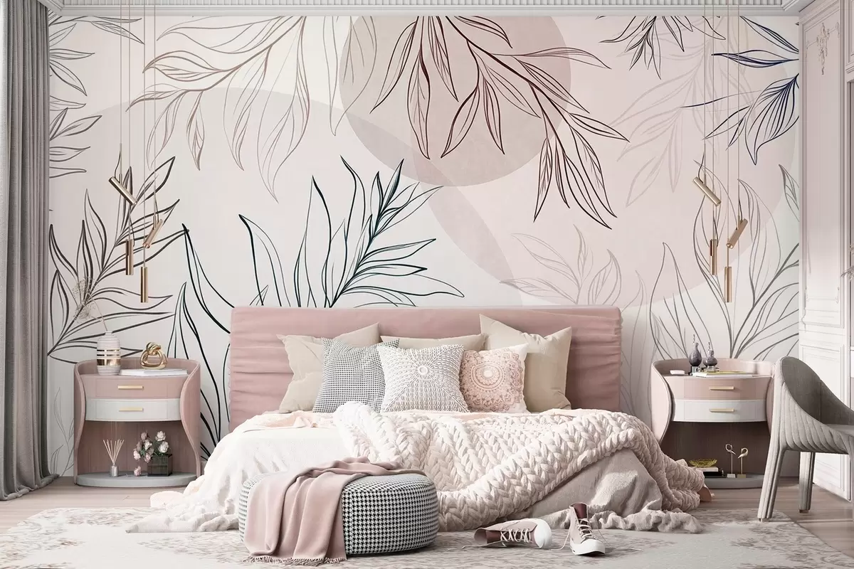 murais de parede Desenhos minimalistas de folhas e folhagem tropicais, com formas circulares em tons pastéis w10111
