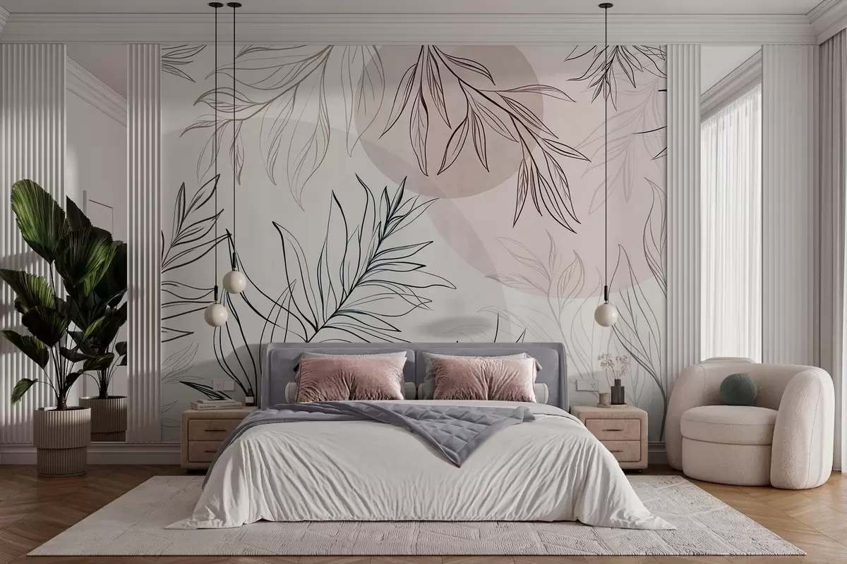 murais de parede Desenhos minimalistas de folhas e folhagem tropicais, com formas circulares em tons pastéis w10111