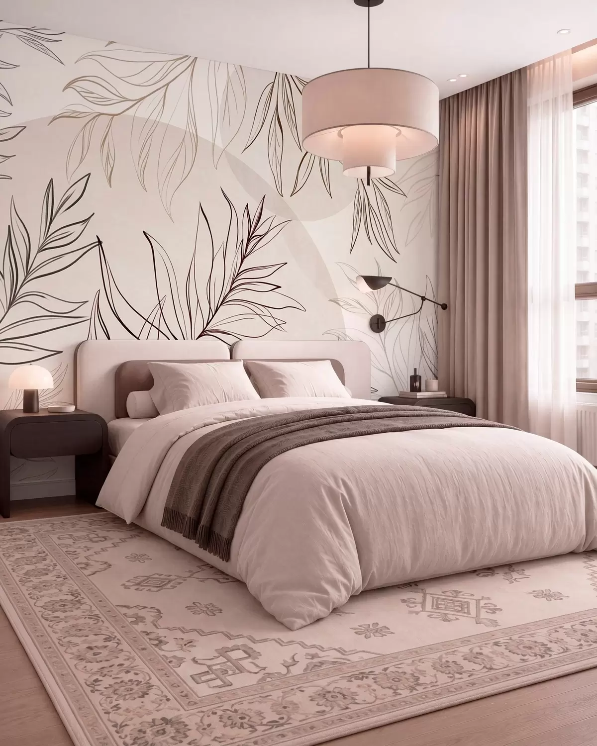 murais de parede Desenhos minimalistas de folhas e folhagem tropicais, com formas circulares em tons pastéis w10111v1