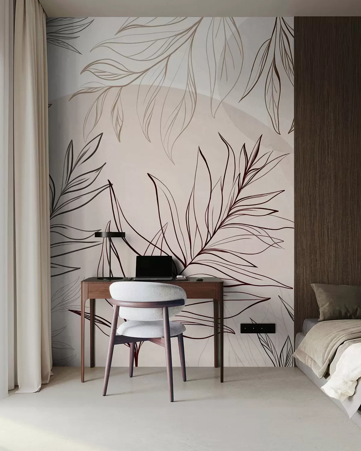 murais de parede Desenhos minimalistas de folhas e folhagem tropicais, com formas circulares em tons pastéis w10111v1