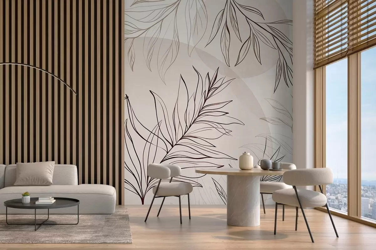 murais de parede Desenhos minimalistas de folhas e folhagem tropicais, com formas circulares em tons pastéis w10111v1
