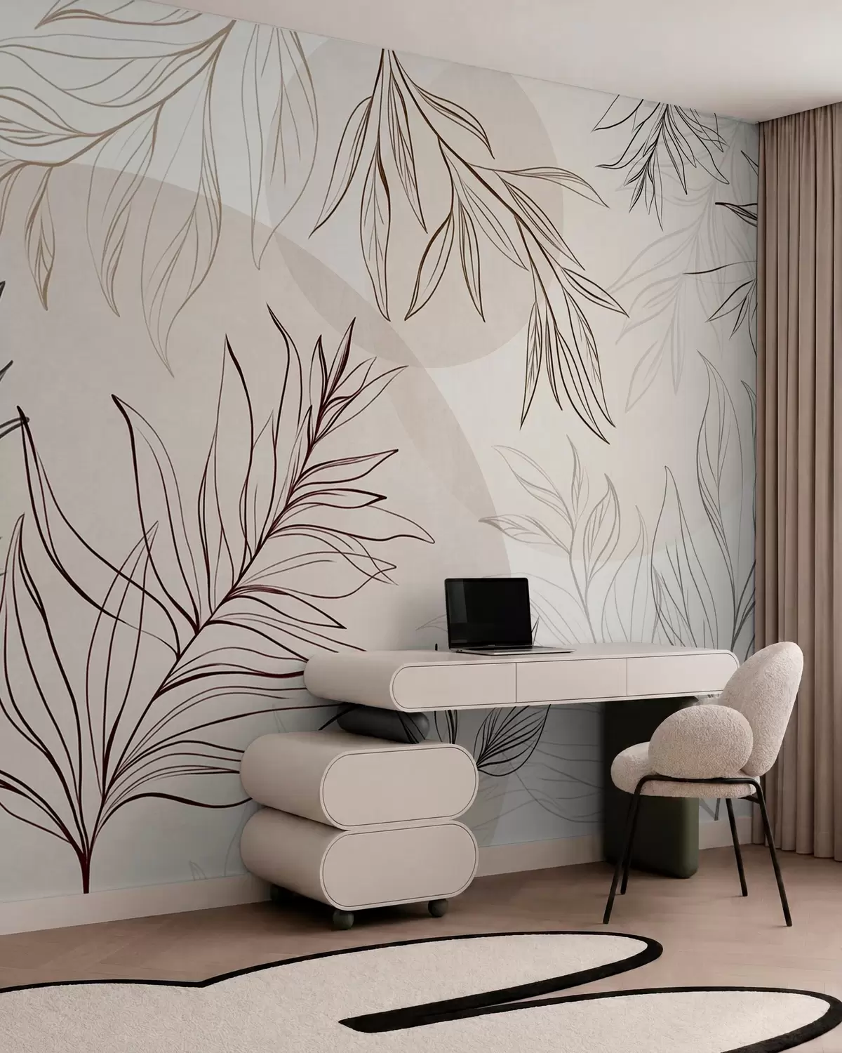 murais de parede Desenhos minimalistas de folhas e folhagem tropicais, com formas circulares em tons pastéis w10111v1