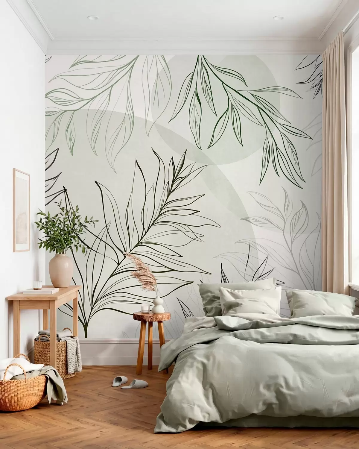 murais de parede Desenhos minimalistas de folhas e folhagem tropicais, com formas circulares em tons pastéis w10111v2