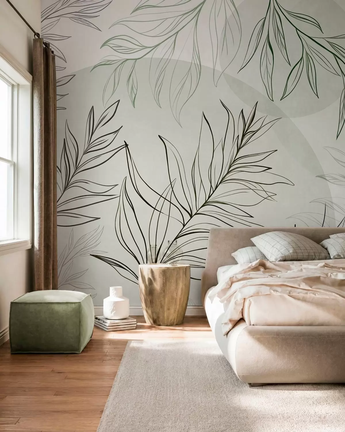 murais de parede Desenhos minimalistas de folhas e folhagem tropicais, com formas circulares em tons pastéis w10111v2
