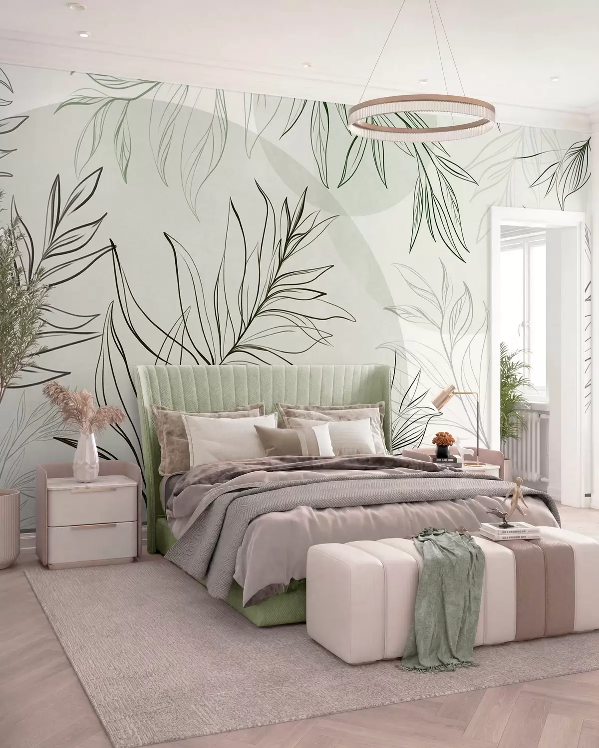 murais de parede Desenhos minimalistas de folhas e folhagem tropicais, com formas circulares em tons pastéis w10111v2