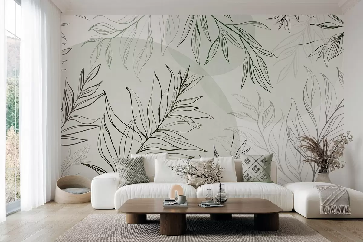murais de parede Desenhos minimalistas de folhas e folhagem tropicais, com formas circulares em tons pastéis w10111v2