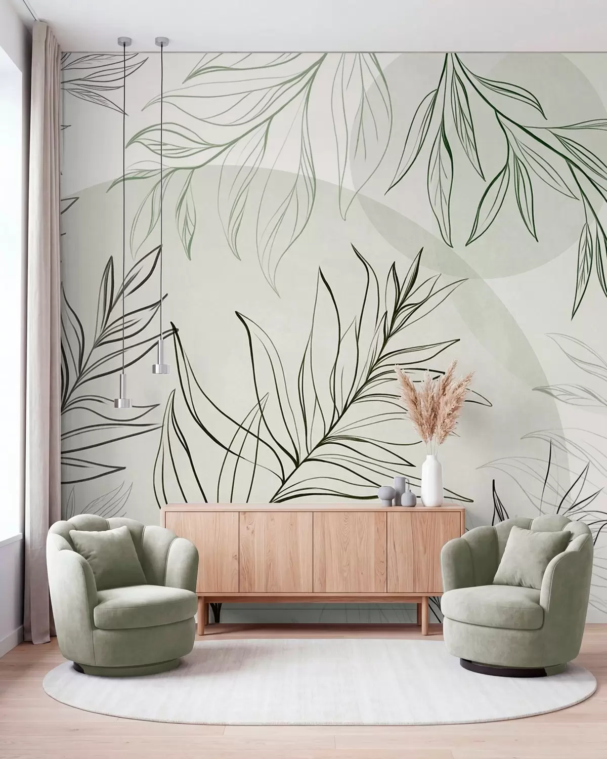 murais de parede Desenhos minimalistas de folhas e folhagem tropicais, com formas circulares em tons pastéis w10111v2