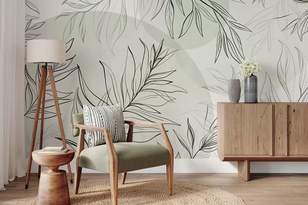 murais de parede Desenhos minimalistas de folhas e folhagem tropicais, com formas circulares em tons pastéis w10111v2