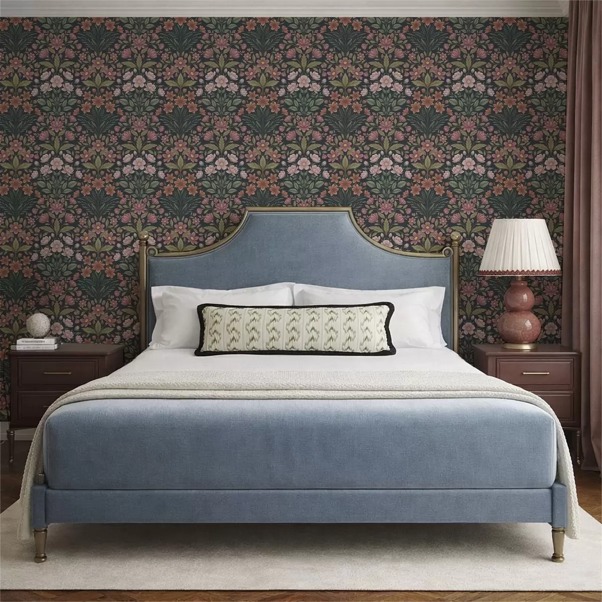 Papel de parede Flores em tons de rosa e terracota sobre um fundo azul escuro a01279