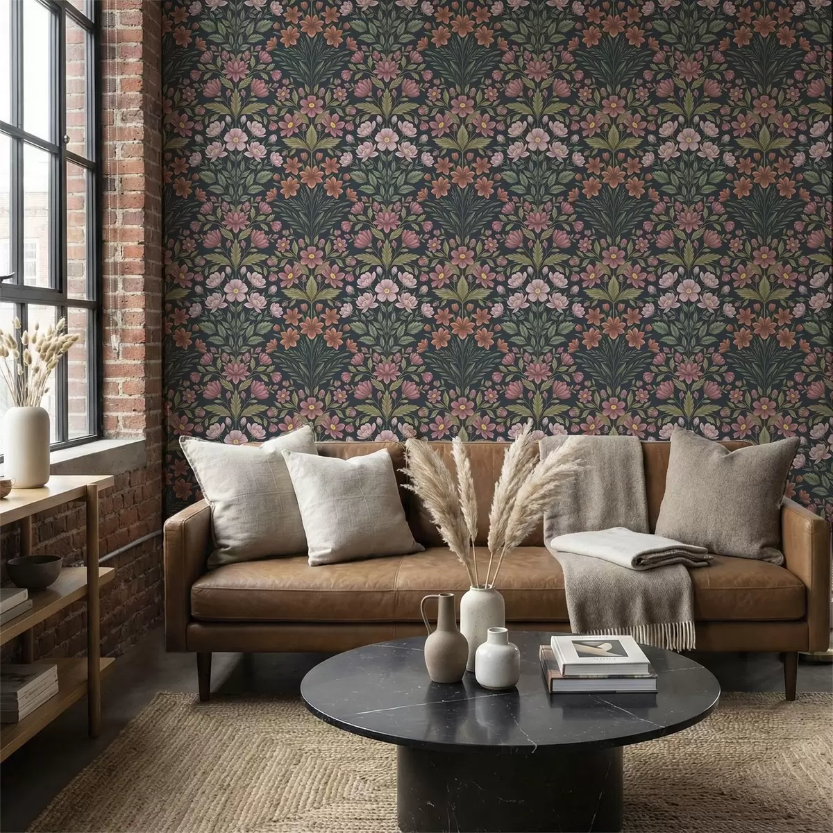 Papel de parede Flores em tons de rosa e terracota sobre um fundo azul escuro a01279
