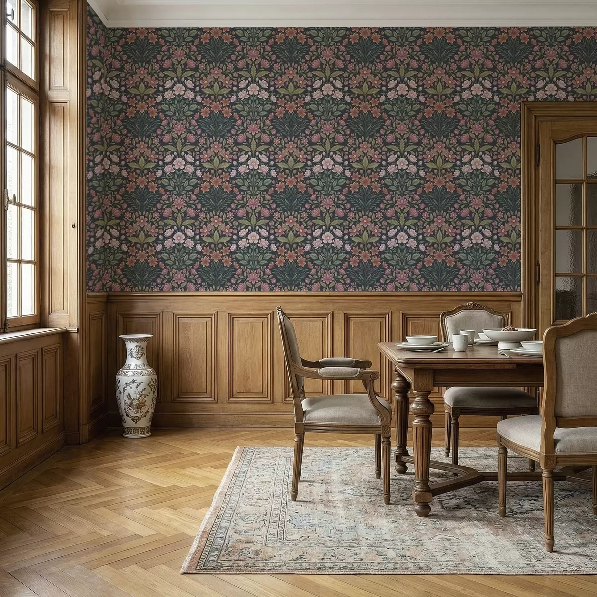 Papel de parede Flores em tons de rosa e terracota sobre um fundo azul escuro a01279