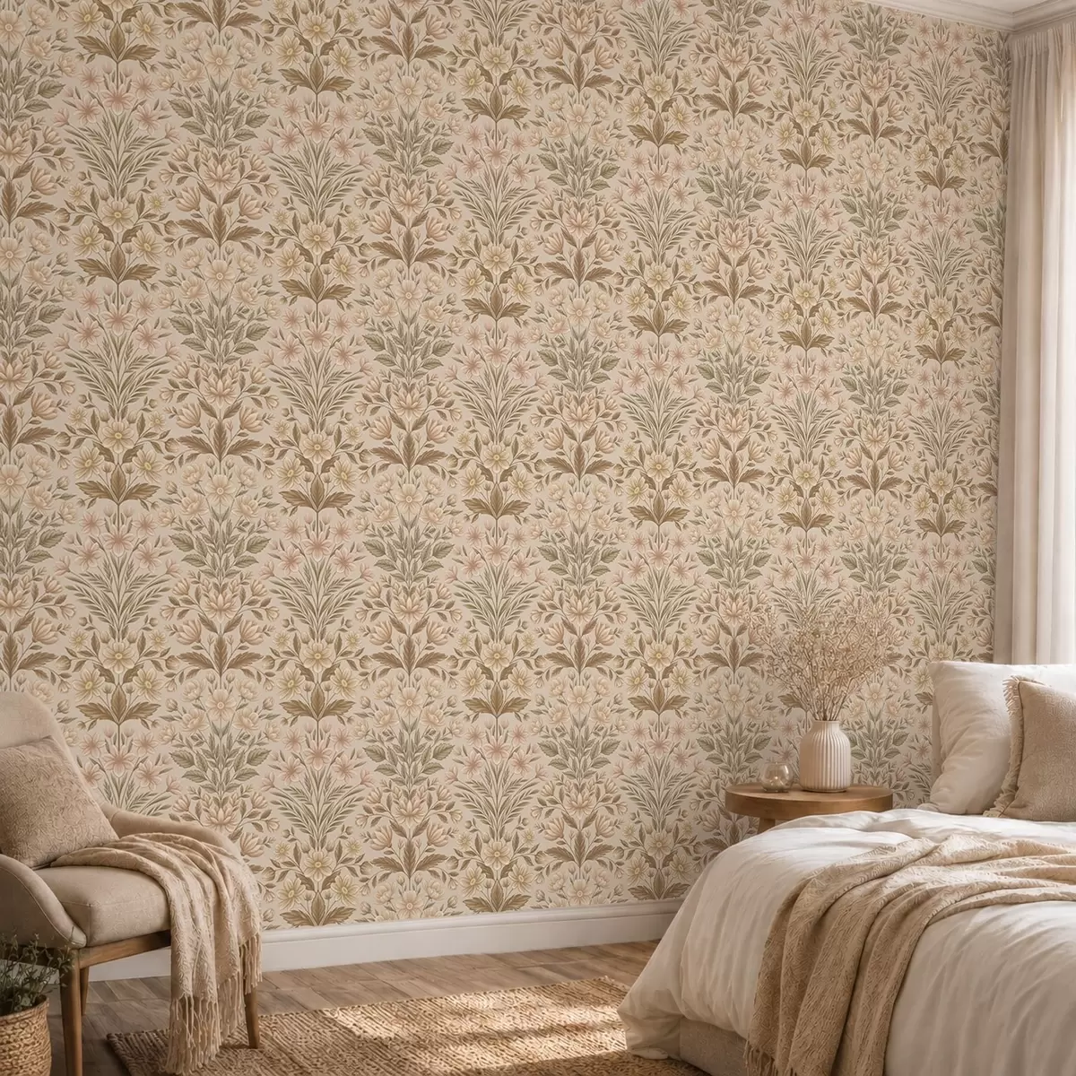 Papel de parede Flores de pêssego e folhas verde-oliva sobre um fundo bege a01279v1