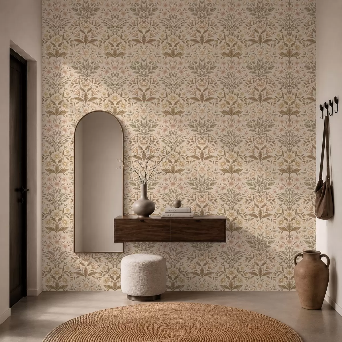 Papel de parede Flores de pêssego e folhas verde-oliva sobre um fundo bege a01279v1