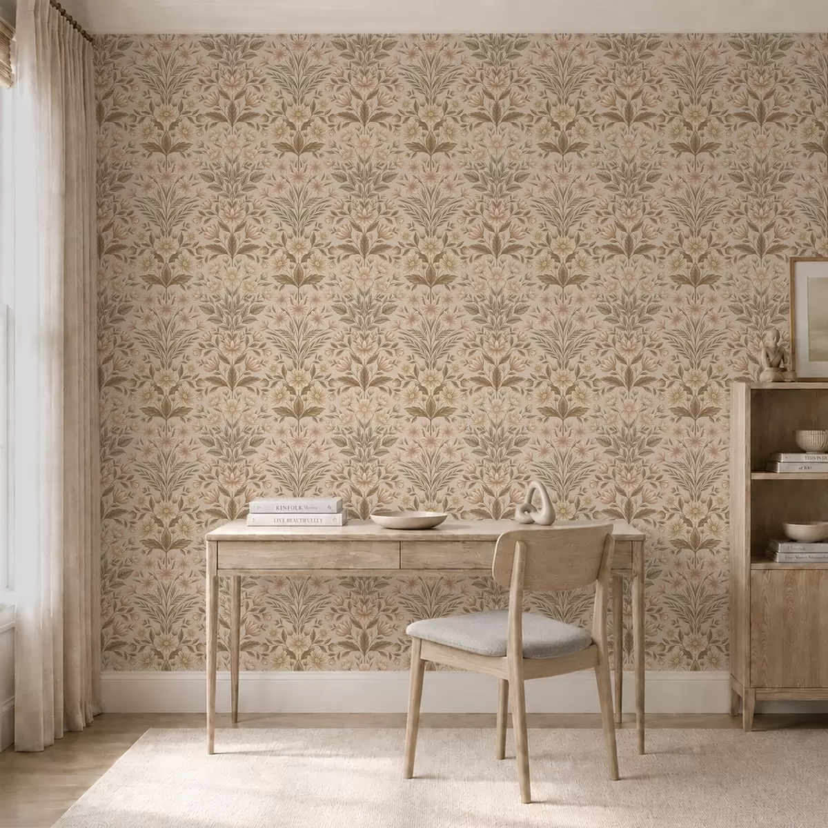 Papel de parede Flores de pêssego e folhas verde-oliva sobre um fundo bege a01279v1