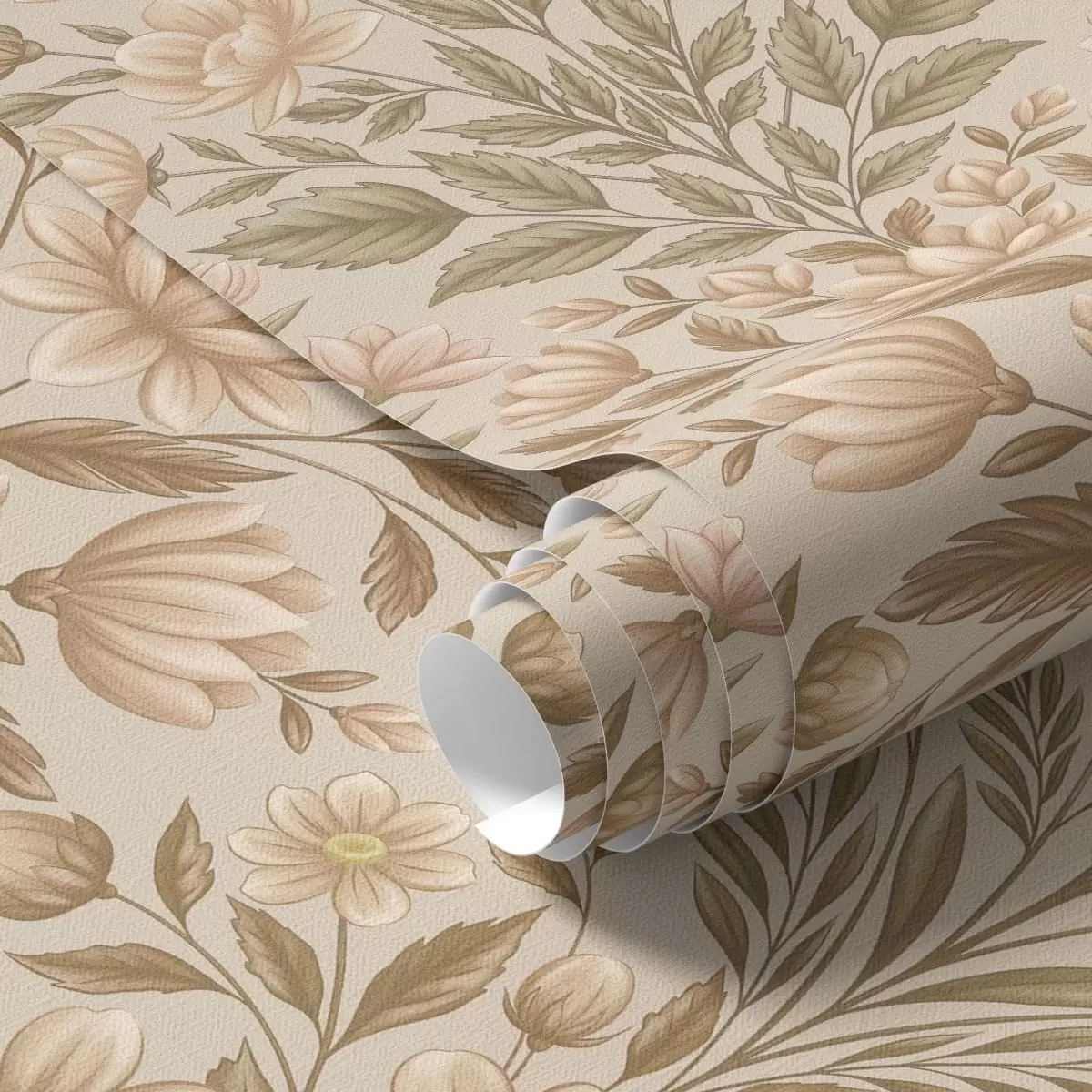Papel de parede Flores de pêssego e folhas verde-oliva sobre um fundo bege a01279v1