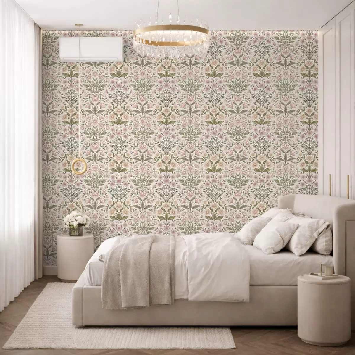 Papel de parede Flores em tom de rosa suave e folhas em verde-oliva sobre um fundo claro a01279v2