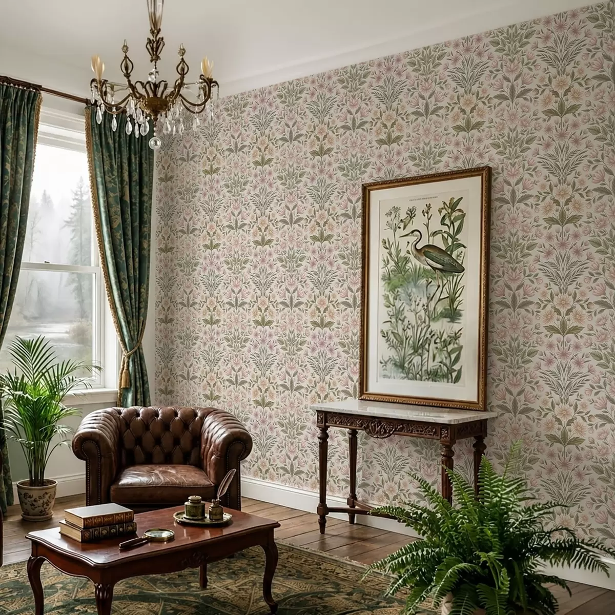 Papel de parede Flores em tom de rosa suave e folhas em verde-oliva sobre um fundo claro a01279v2