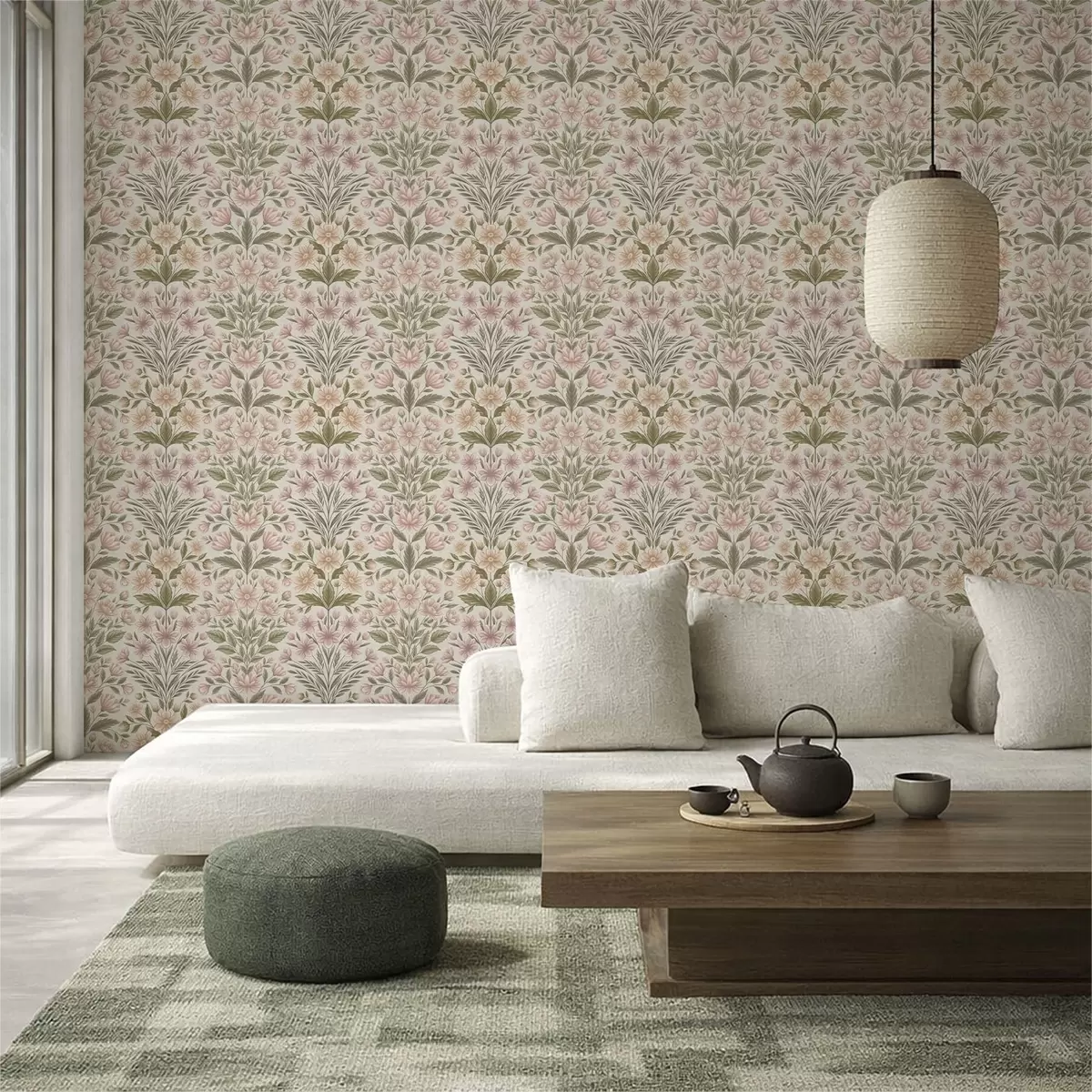Papel de parede Flores em tom de rosa suave e folhas em verde-oliva sobre um fundo claro a01279v2
